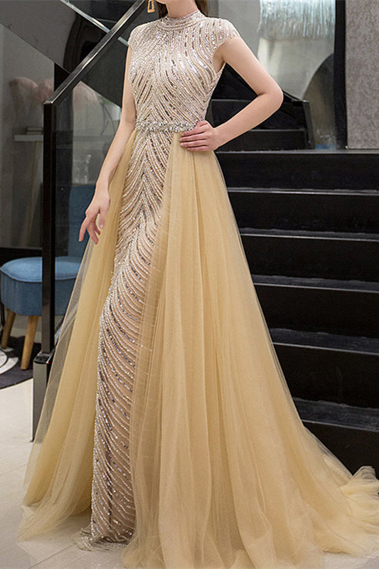 Glamorous Yellow Sequins Beadings Evening Dress With Long Ruffles High Collar Cap Sleeves-ballbellauk