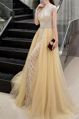 Glamorous Yellow Sequins Beadings Evening Dress With Long Ruffles High Collar Cap Sleeves-ballbellauk