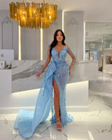 Glimmering Blue Mermaid Dress with Slit and Beaded Appliques-ballbellauk