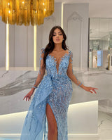 Glimmering Blue Mermaid Dress with Slit and Beaded Appliques-ballbellauk