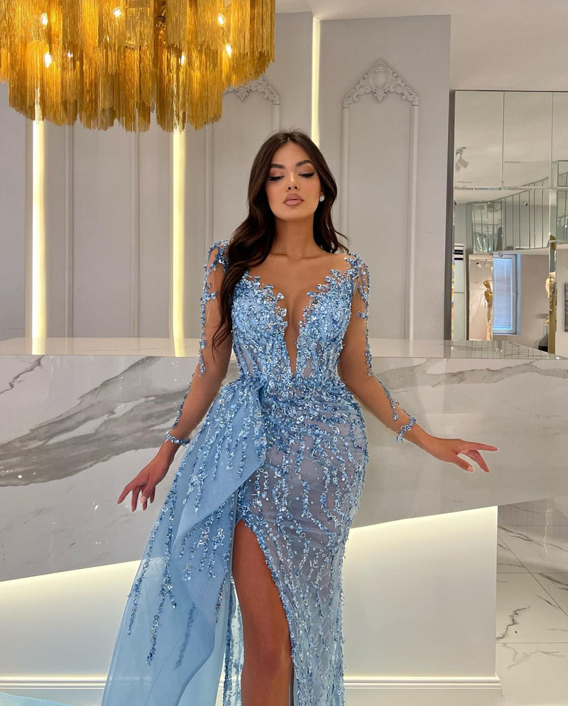 Glimmering Blue Mermaid Dress with Slit and Beaded Appliques-ballbellauk