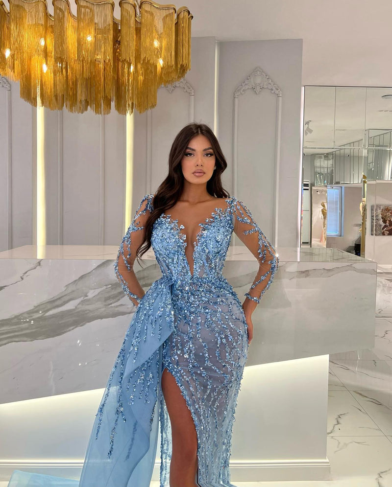 Glimmering Blue Mermaid Dress with Slit and Beaded Appliques-ballbellauk