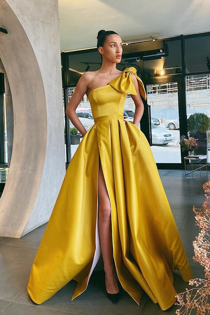 Glorious One Shoulder Yellow Evening Dresses Slit Long With Pockets –  ballbellauk