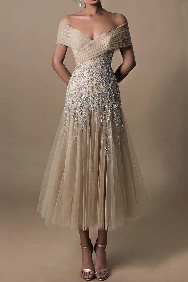 Glorious Short Long Off-the-Shoulder Beadings Bridal Gowns On Sale With Lace-ballbellauk