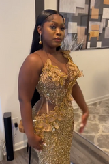 Gold Sleeveless Flowers Sequin Column Floor length Sparkle Prom Dresses-Ballbella