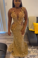 Gold Sleeveless Flowers Sequin Column Floor length Sparkle Prom Dresses-Ballbella