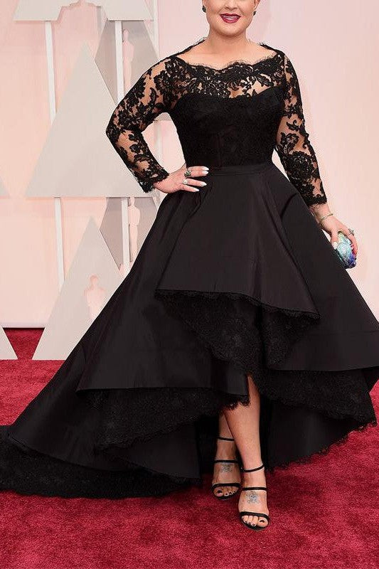 Gorgeous Bateau Long Sleeves Lace Asymmetrical Satin Plus Size Prom Dress-ballbellauk