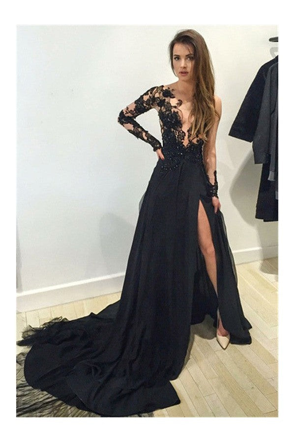 Gorgeous Bateau Long Sleeves Lace Chiffon Court Train Prom Dress-ballbellauk