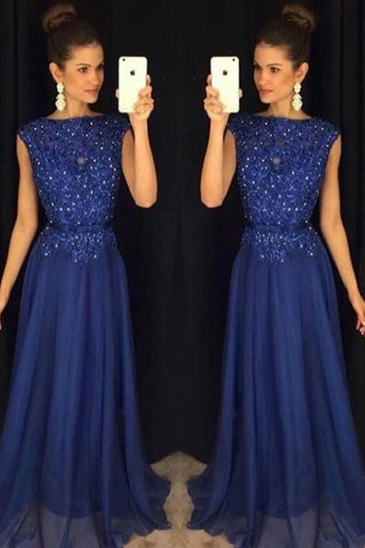 Gorgeous Bateau Sleeveless Long With Appliques Evening Dress Chiffon-ballbellauk