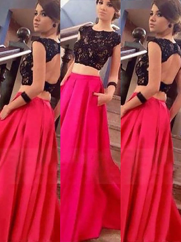 Gorgeous Bateau Sleeveless Satin Long Lace Two Piece Prom Dress-ballbellauk