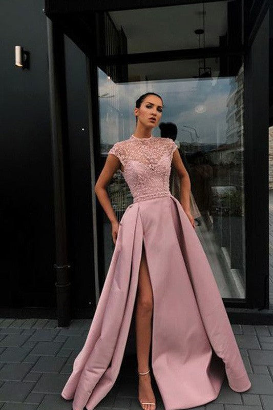 Gorgeous Beading Satin Scoop Short Sleeves Prom Dress-ballbellauk