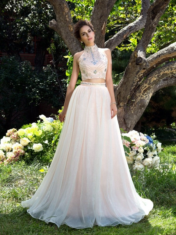 Gorgeous Beading Sleeveless Long Net Two Piece Prom Dress-ballbellauk