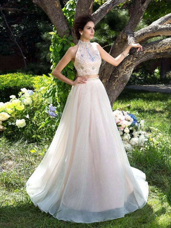 Gorgeous Beading Sleeveless Long Net Two Piece Prom Dress-ballbellauk