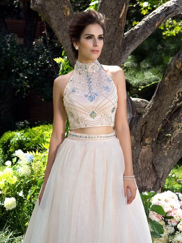 Gorgeous Beading Sleeveless Long Net Two Piece Prom Dress-ballbellauk