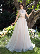 Gorgeous Beading Sleeveless Long Net Two Piece Prom Dress-ballbellauk