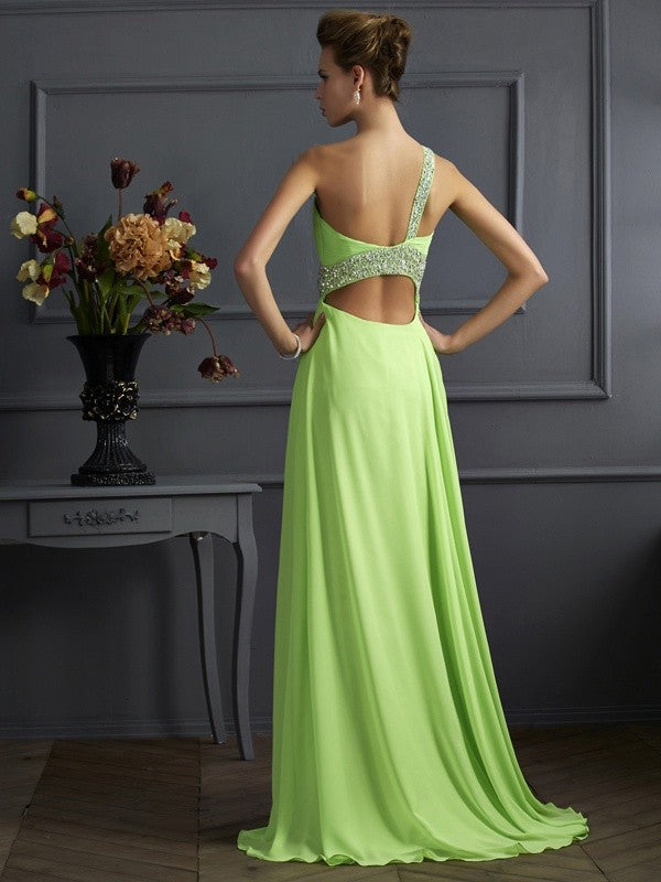 Gorgeous Beading Sleeveless One-Shoulder Chiffon Long Prom Dress-ballbellauk
