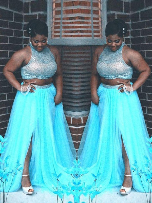 Gorgeous Beading Sleeveless Tulle Plus Size Prom Dress-ballbellauk