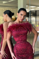 Gorgeous Burgundy Strapless Prom Dresses Mermaid Slit With Sequins Beadings Feather-ballbellauk