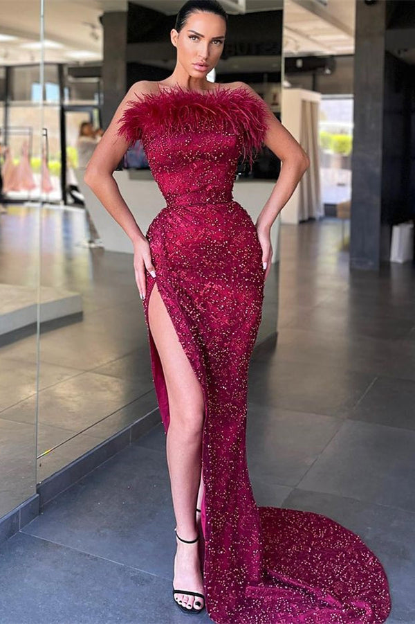 Gorgeous Burgundy Strapless Prom Dresses Mermaid Slit With Sequins Beadings Feather-ballbellauk