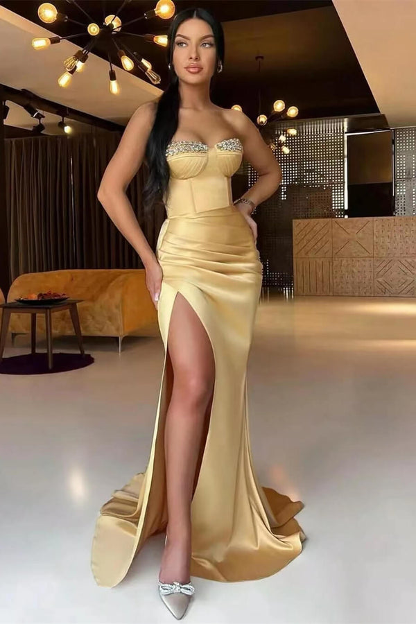 Gorgeous Dark Champagne Strapless Mermaid Long Prom Dress UK Split With Pleats Ruffles Beads-ballbellauk