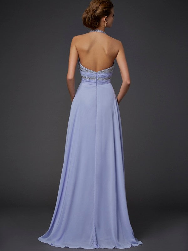 Gorgeous Halter Beading Sleeveless Chiffon Long Prom Dress-ballbellauk