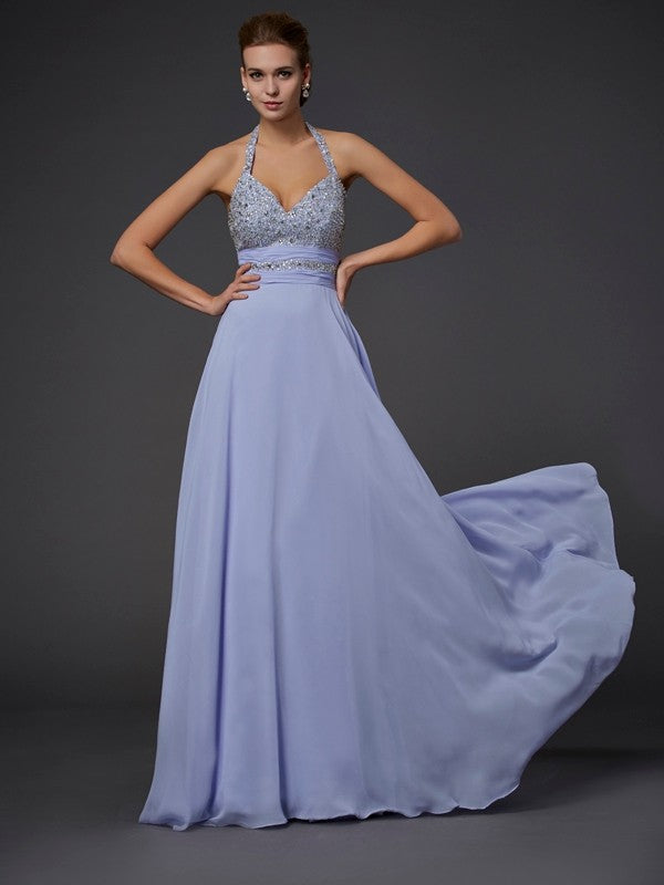 Gorgeous Halter Beading Sleeveless Chiffon Long Prom Dress-ballbellauk