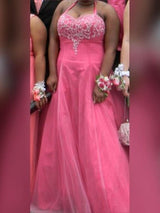 Gorgeous Halter Beading Sleeveless Long Tulle Plus Size Prom Dress-ballbellauk