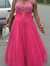 Gorgeous Halter Beading Sleeveless Long Tulle Plus Size Prom Dress-ballbellauk