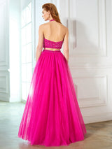 Gorgeous Halter Beading Sleeveless Net Long Two Piece Prom Dress-ballbellauk