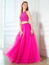 Gorgeous Halter Beading Sleeveless Net Long Two Piece Prom Dress-ballbellauk