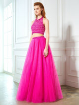 Gorgeous Halter Beading Sleeveless Net Long Two Piece Prom Dress-ballbellauk