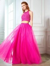 Gorgeous Halter Beading Sleeveless Net Long Two Piece Prom Dress-ballbellauk