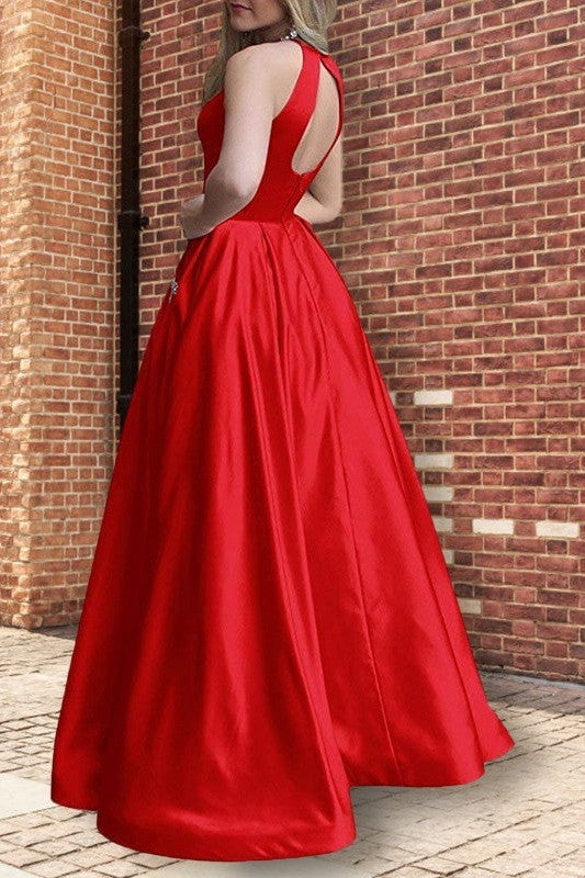 Gorgeous Halter Sleeveless Long Beading Prom Dress with Satin-ballbellauk