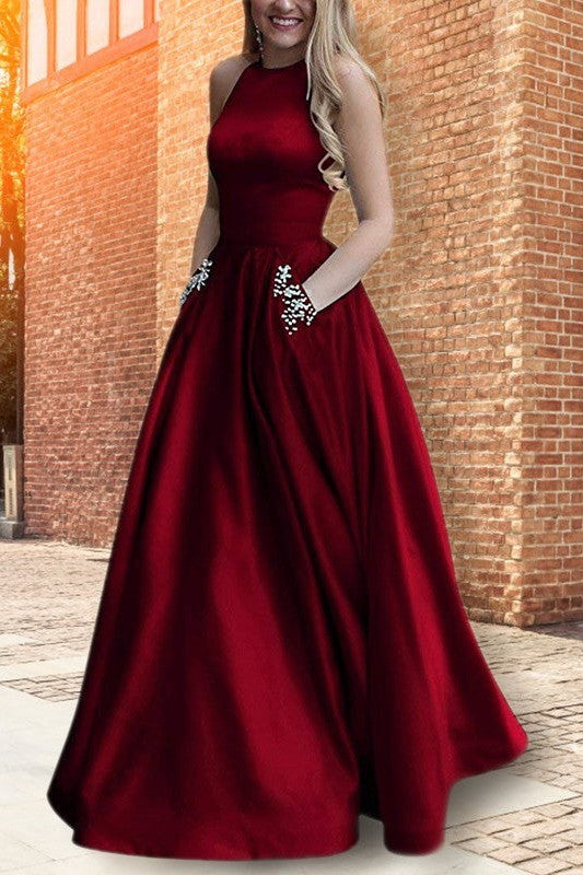 Gorgeous Halter Sleeveless Long Beading Prom Dress with Satin-ballbellauk