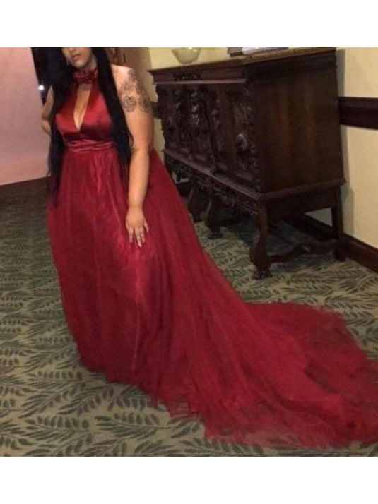 Gorgeous Halter Sleeveless Ruched Court Train Tulle Plus Size Prom Dress-ballbellauk