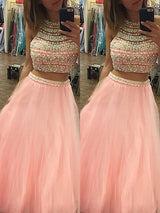 Gorgeous Halter Sleeveless Tulle Long Beading Two Piece Prom Dress-ballbellauk