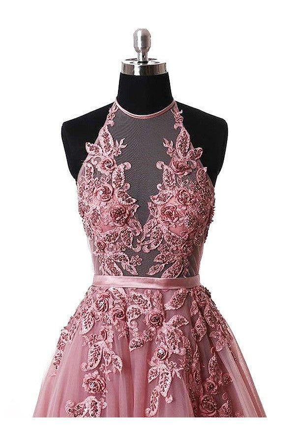 Gorgeous Halter Sleeveless With Appliques Tulle Prom Dress-ballbellauk