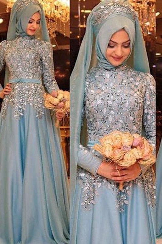 Gorgeous High Neck Long Sleeves Long Beading Evening Dress Chiffon-ballbellauk