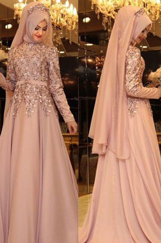 Gorgeous High Neck Long Sleeves Long Beading Evening Dress Chiffon-ballbellauk