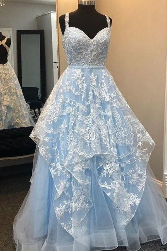 Gorgeous Lace Ruffles V-neck Sleeveless Long Prom Dress-ballbellauk