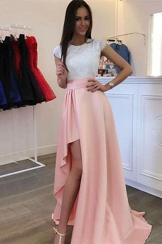 Gorgeous Lace Scoop Short Sleeves Prom Dress with Satin-ballbellauk
