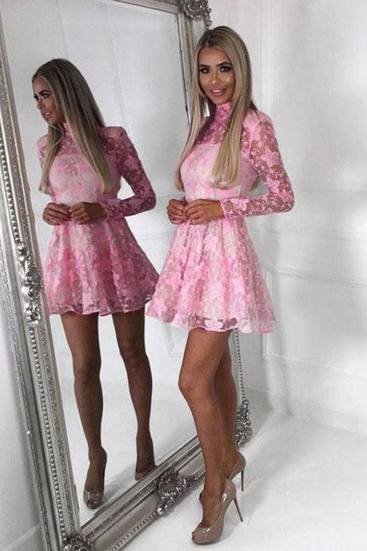 Gorgeous Lace With Appliques High Neck Long Sleeves Homecoming Dress-ballbellauk