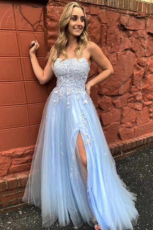 Gorgeous Lace With Appliques Spaghetti-Straps Sleeveless Prom Dress-ballbellauk