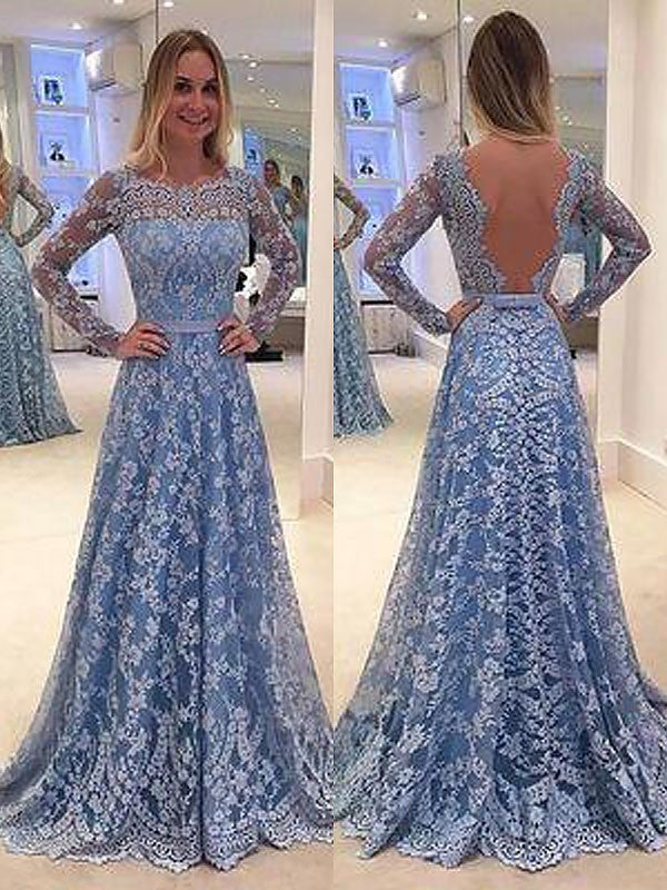 Gorgeous Long Sleeves Lace Floor Length Bateau Ruffles Prom Dress-ballbellauk