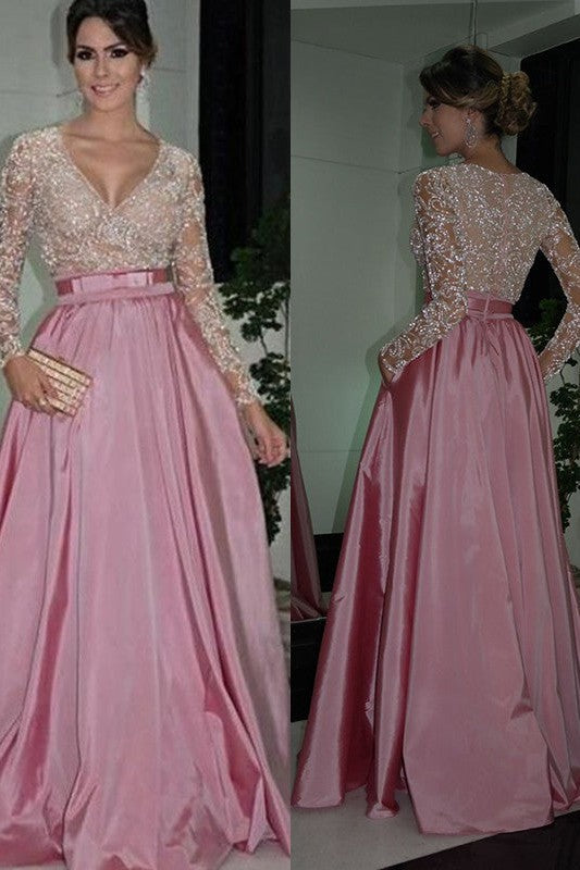 Gorgeous Long Sleeves V-neck Long Lace Elegant Evening Dress-ballbellauk