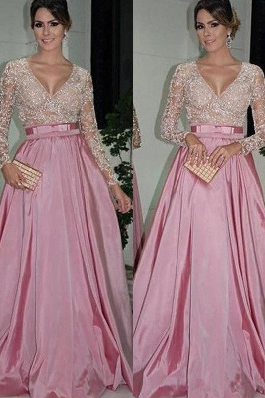 Gorgeous Long Sleeves V-neck Long Lace Elegant Evening Dress-ballbellauk