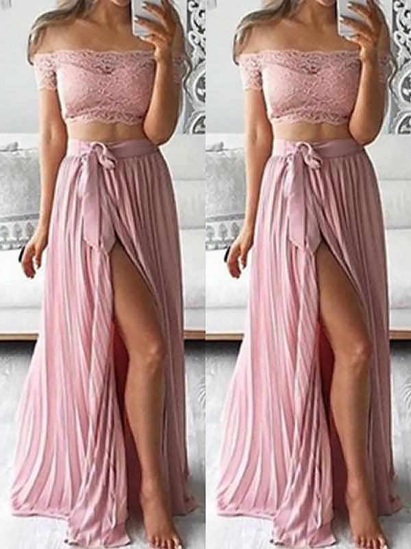 Gorgeous Off-the-Shoulder Sleeveless Chiffon Long Lace Two Piece Prom Dress-ballbellauk