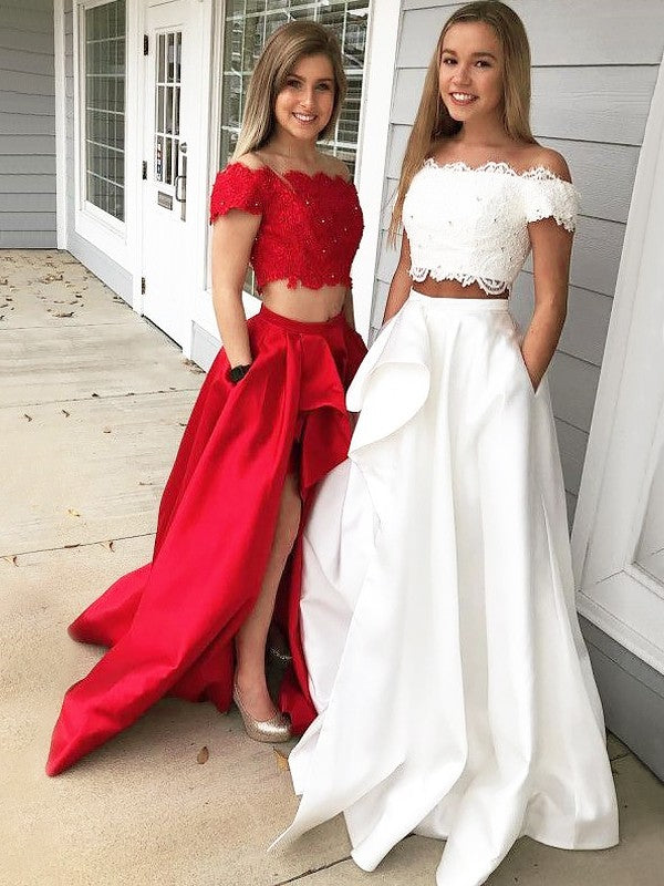 Gorgeous Off-the-Shoulder Sleeveless Lace Satin Two Piece Prom Dress-ballbellauk