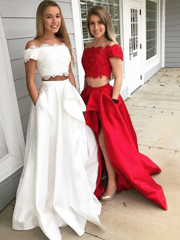 Gorgeous Off-the-Shoulder Sleeveless Lace Satin Two Piece Prom Dress-ballbellauk