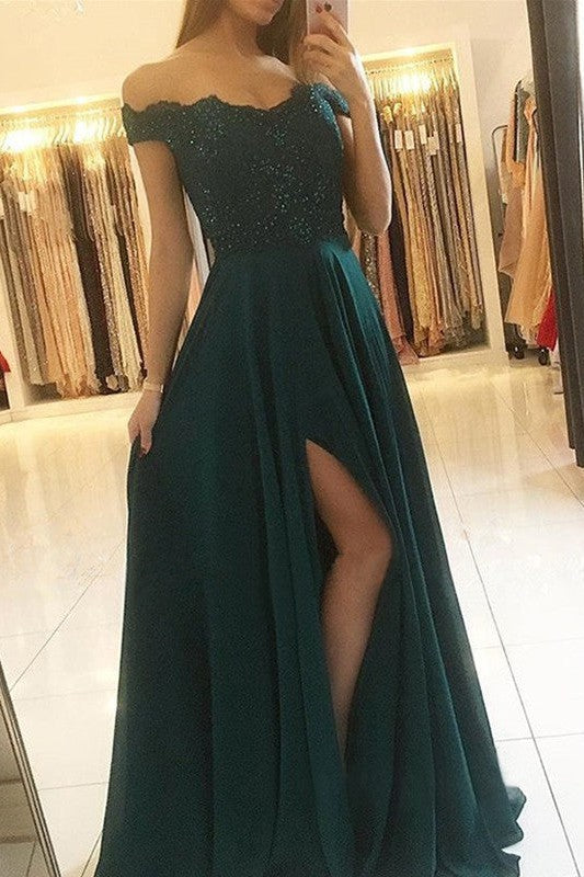 Gorgeous Off-the-Shoulder Sleeveless Long Beading Prom Dress with Chiffon-ballbellauk